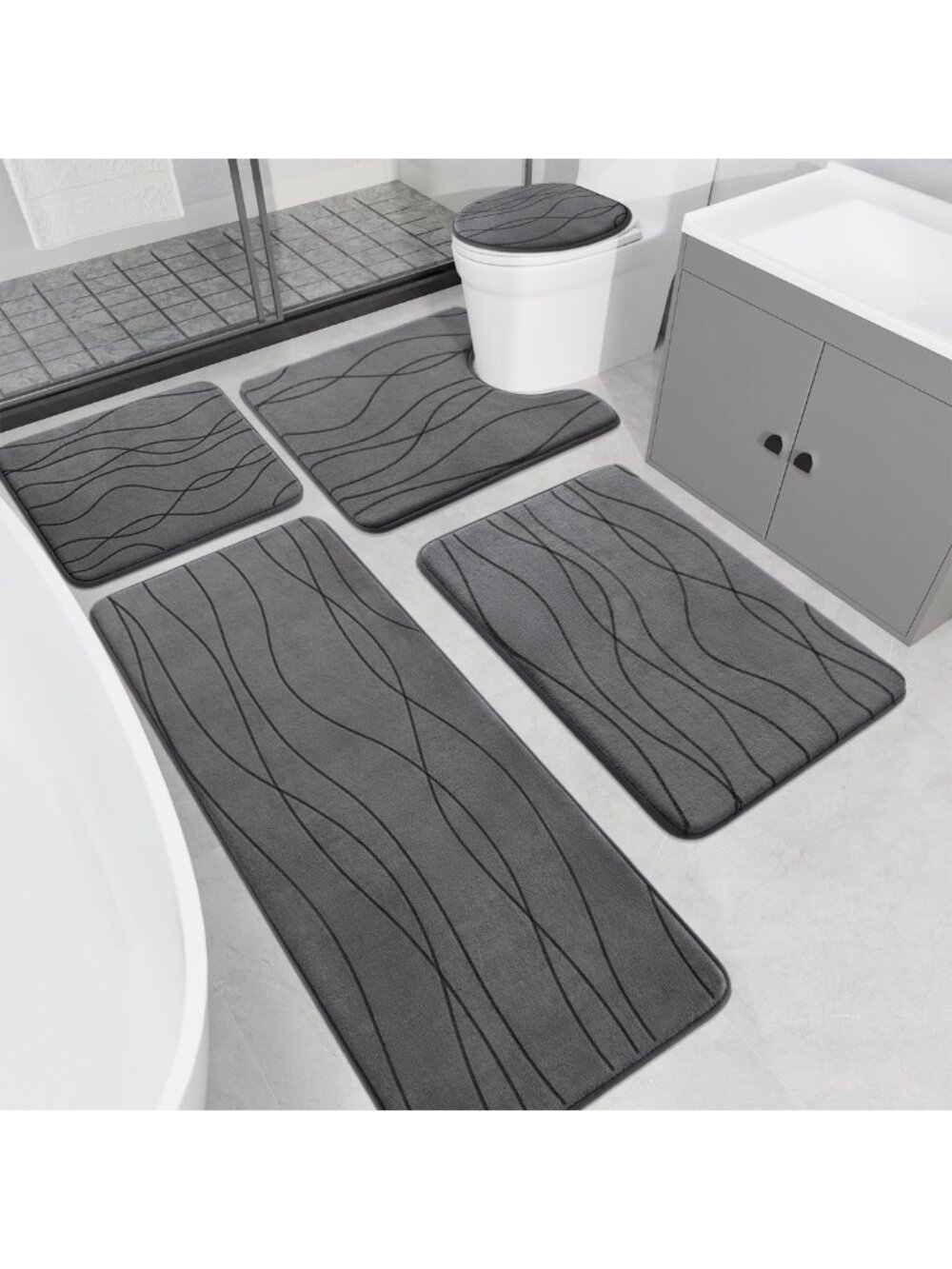 Ultra Absorbent 5-Piece Memory Foam Bath Mat Set - Non-Slip, Quick-Dry, Dark